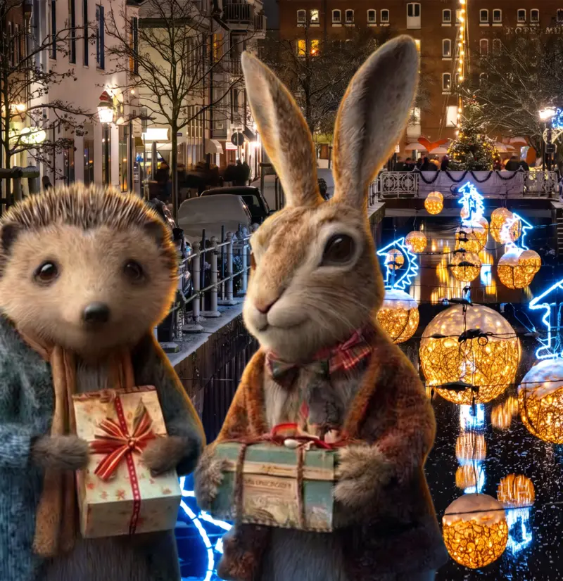 Titelmotiv des Kalenders 2026: Hase und Igel mit Geschenken am Westfleth